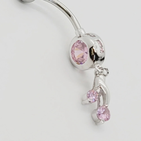 NWOT Sterling Silver Belly Button Ring with Pink Cubic Zirconia - Picture 2 of 4